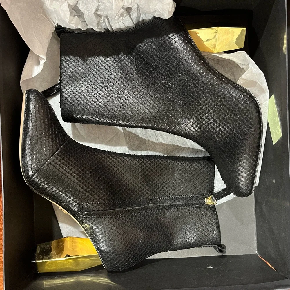 Kurt Geiger Black Snakeskin Boots with Gold Heel - Picture 5 of 10
